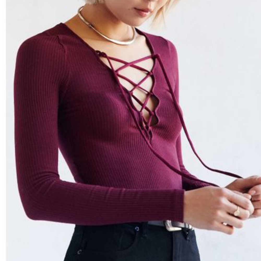 Urban Outfitters PST Wine Plunge Lace Up Top M